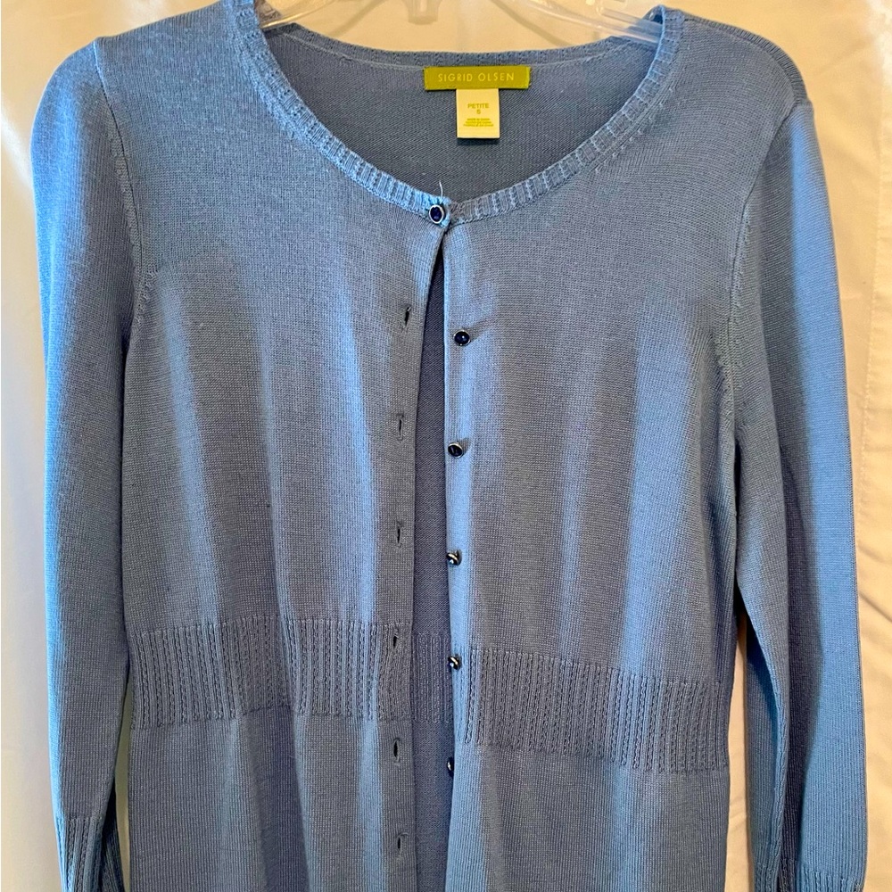 Sigrid Olsen, women’s petite small button down sweater. Color periwinkle.